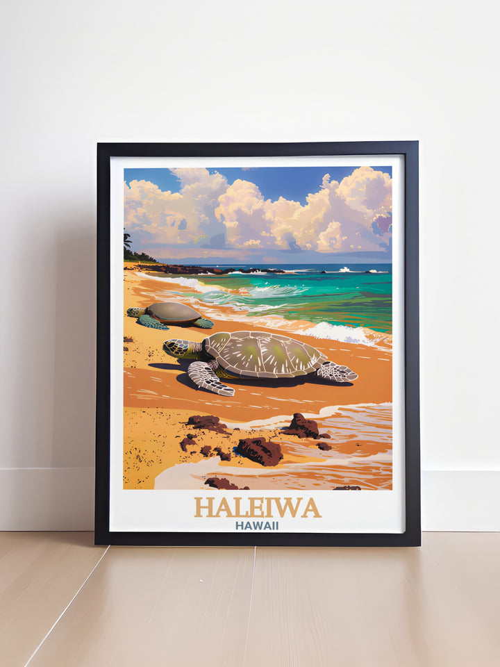 This Hawaii travel poster features Laniakea Beach Turtle Beach and the iconic skyline of Haleiwa Perfect for coastal decor and Hawaiian themed spaces this beautiful art print brings the serene beach atmosphere into your home