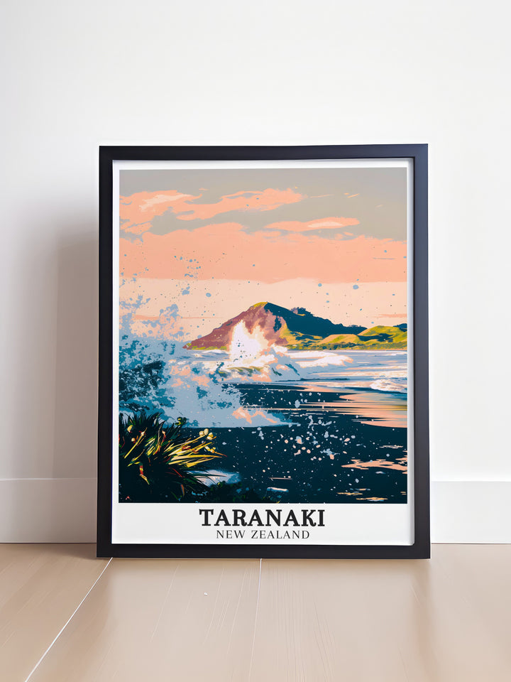 Exquisite Taranaki print highlighting the captivating Back Beach New Plymouth area showcasing the unique charm of New Zealand in a beautifully framed artwork for stylish living rooms