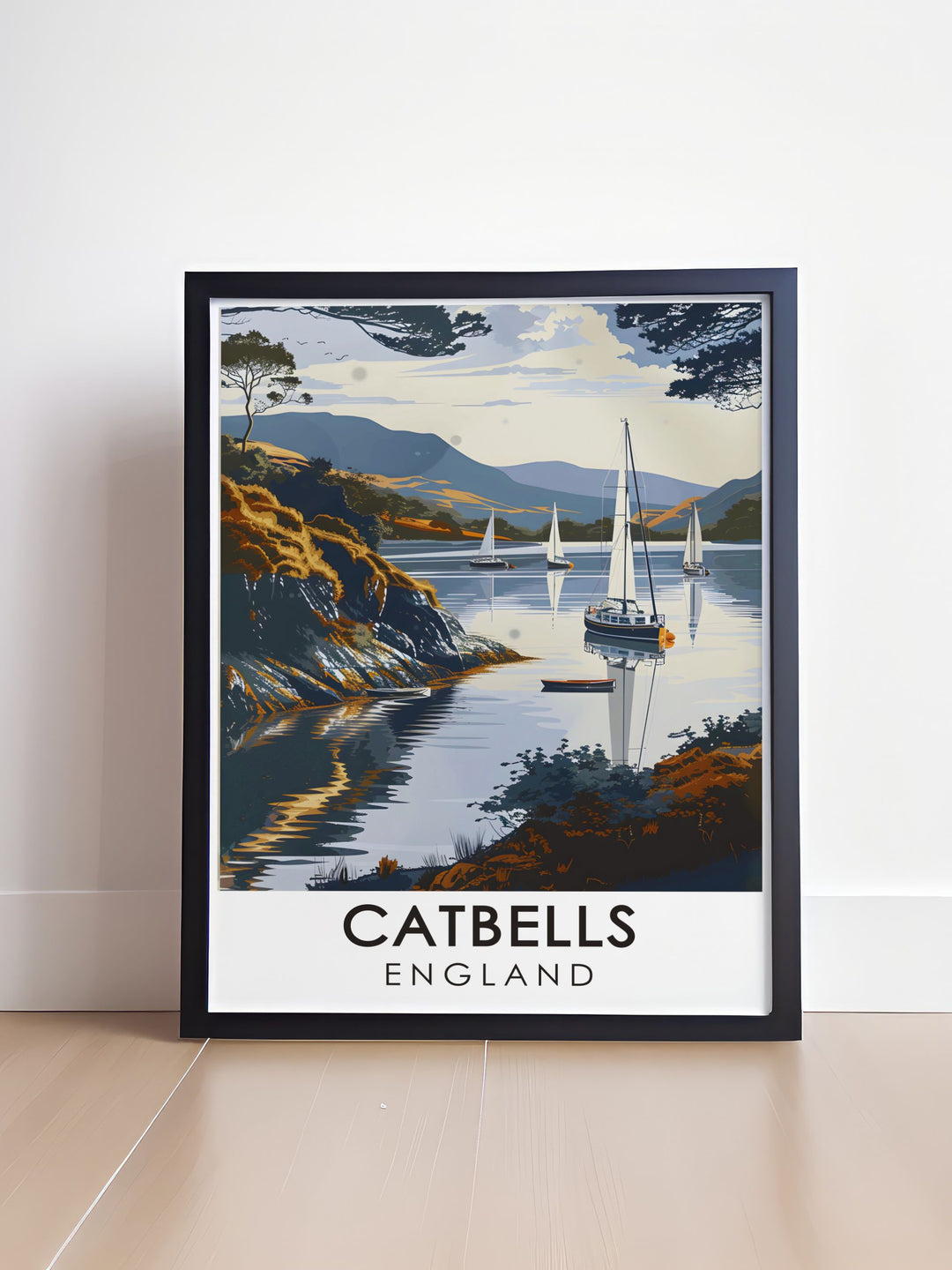 Lake District poster featuring the breathtaking Catbells Summit and Derwentwater Shoreline providing a picturesque view that captures the serene beauty of Cumbria ideal for wall decor in your living room bedroom or office