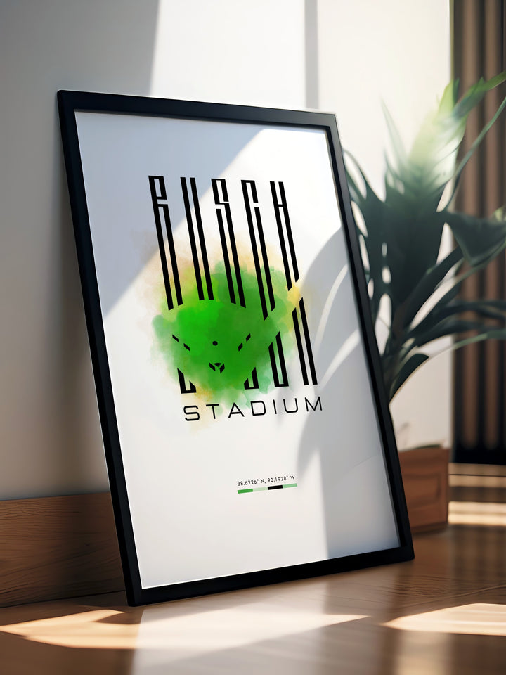 STL Cardinals Poster with a minimalist design of Busch Stadium capturing the spirit of St Louis baseball perfect for STL room decor and a great gift idea for sports fans who enjoy modern and stylish art prints