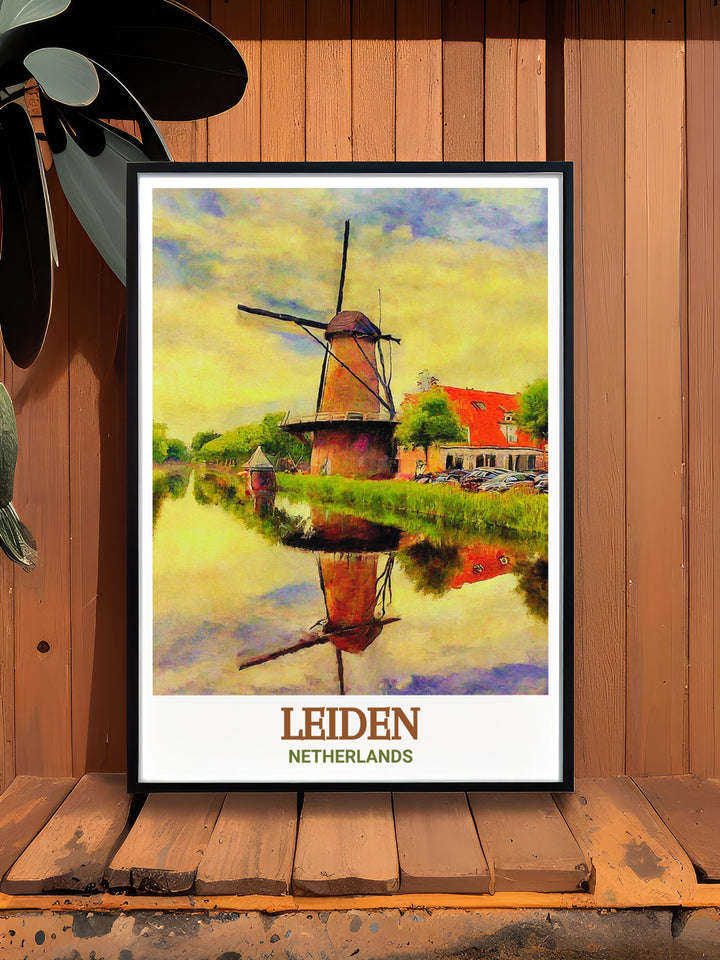 Molen de Valk travel poster showcasing the iconic windmill and its surrounding landscapes in Leiden. This canvas art is perfect for anyone who loves Dutch history and architecture, offering a striking addition to home decor or as a unique travel gift.