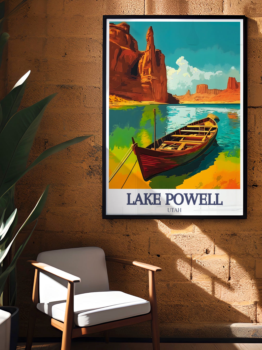 This Lake Powell art print illustrates the breathtaking landscapes of Glen Canyon and Padre Bay, making it an excellent travel gift or addition to your home décor. The calming blues of the water and the rustic canyons create a timeless piece of art.