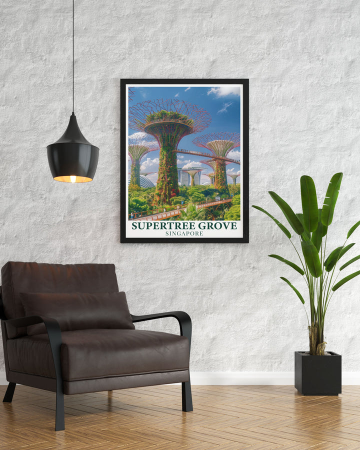 Daytime Supertree Grove art offering a breathtaking view of Singapores architectural beauty. Perfect for wall art and modern home decor this vibrant print adds a touch of elegance to any space. A great gift for travel enthusiasts and art lovers.