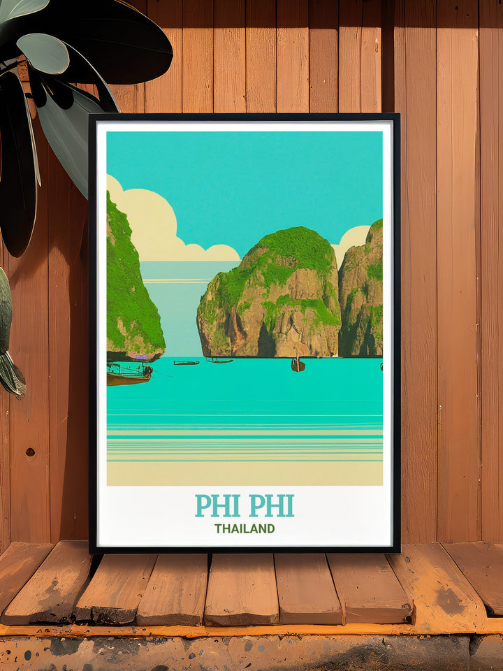 Thailand vintage poster featuring the stunning Maya Bay on Phi Phi Islands, where lush green cliffs meet sparkling blue waters. This custom print adds a timeless touch to your wall décor, perfect for those who love travel and adventure.