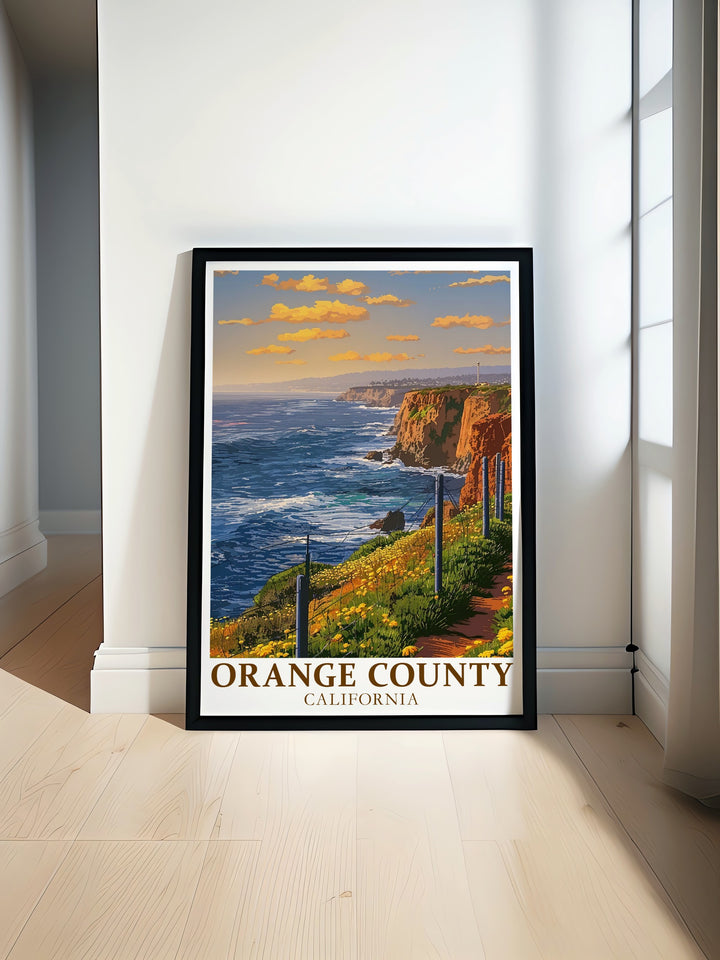 Dana Point Headlands custom art print featuring the rugged cliffs and calming ocean views of Orange County. This minimalist poster is perfect for those who love nature inspired décor and modern design. Available in various formats, this travel print is an excellent choice for a personalized gift or home decoration.