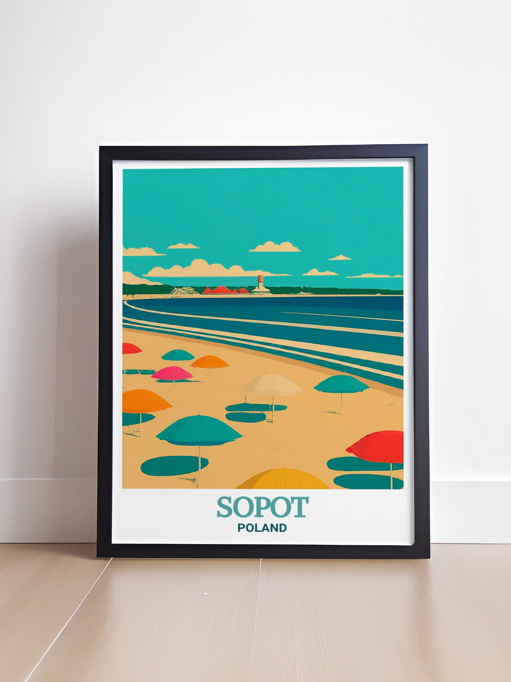 A stunning vintage style poster of Sopot Beach, Poland, offering a timeless representation of this beloved Polish landmark, perfect for classic travel art enthusiasts.