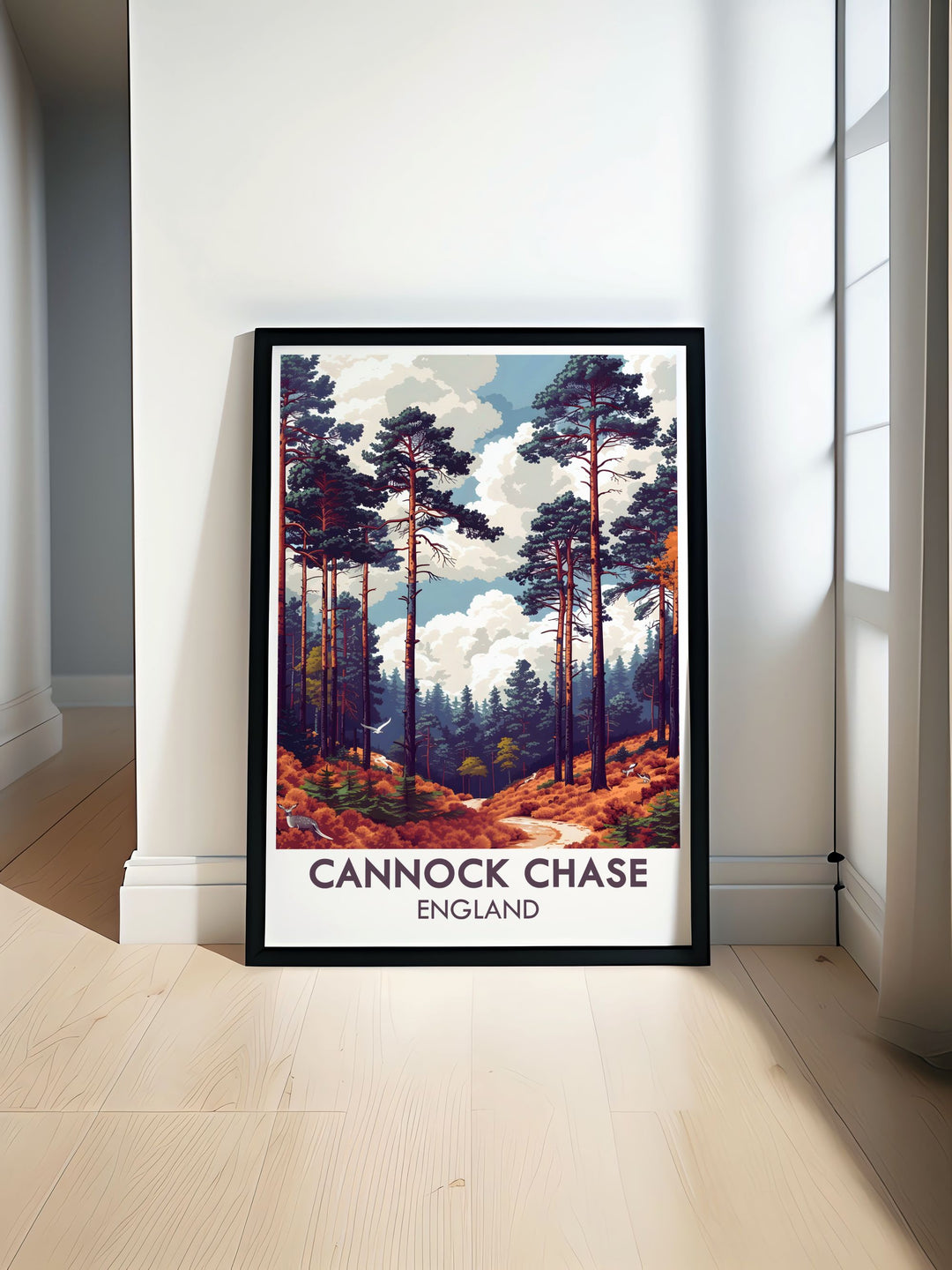 The Chase artwork captures the serene beauty of Cannock Chase in Staffordshire. This detailed print is perfect for nature lovers and outdoor enthusiasts. Add a touch of British nature to your home with this stunning piece of English countryside decor.