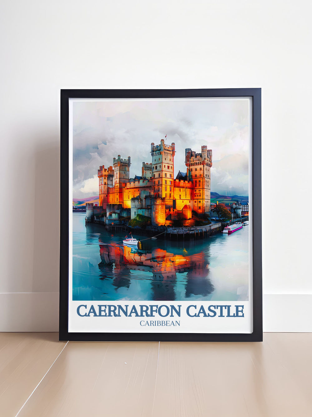 Stunning Caernarfon Castle print highlighting the majestic fortress, the scenic Beddgelert Village, and the adventurous Snowdon Ranger path, ideal for history enthusiasts and nature lovers.