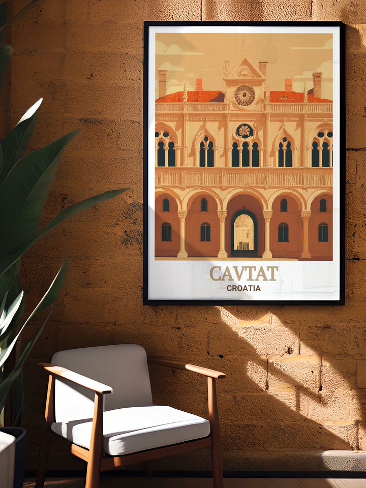 Bring Croatias scenic beauty into your home with this Cavtat travel art, featuring the Rectors Palace, a landmark rich in history and culture, surrounded by the crystal clear waters of the Adriatic.