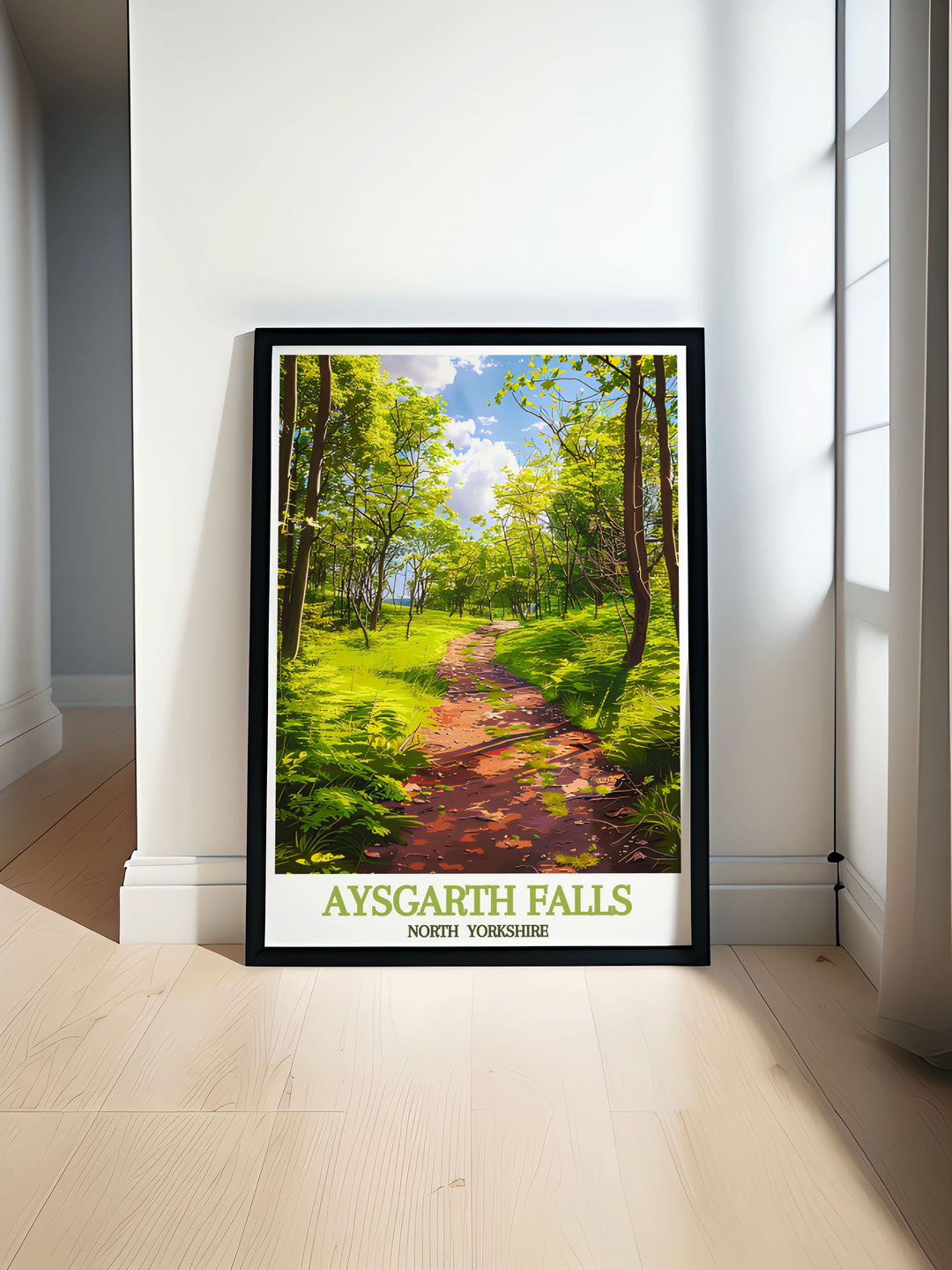 Vintage travel print featuring woodland trails in the Yorkshire Dales capturing the serene beauty of North Yorkshire perfect for home decor or as a gift for nature lovers and travel enthusiasts.