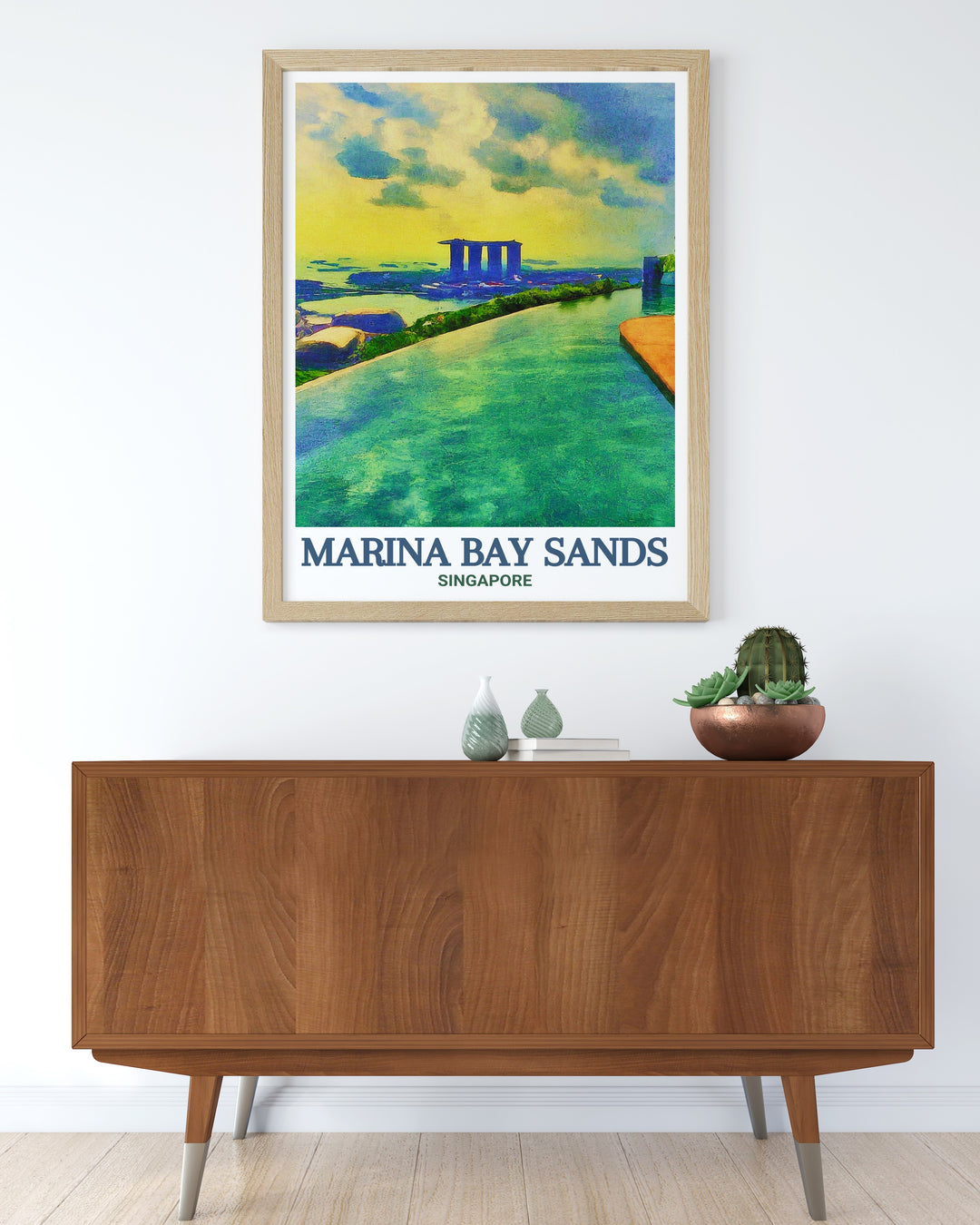 Infinity Pool Wall Art featuring the elegant and luxurious design of Marina Bay Sands rooftop pool, set against the backdrop of Singapores bustling cityscape. This print brings a sense of serenity and modern elegance to your decor.