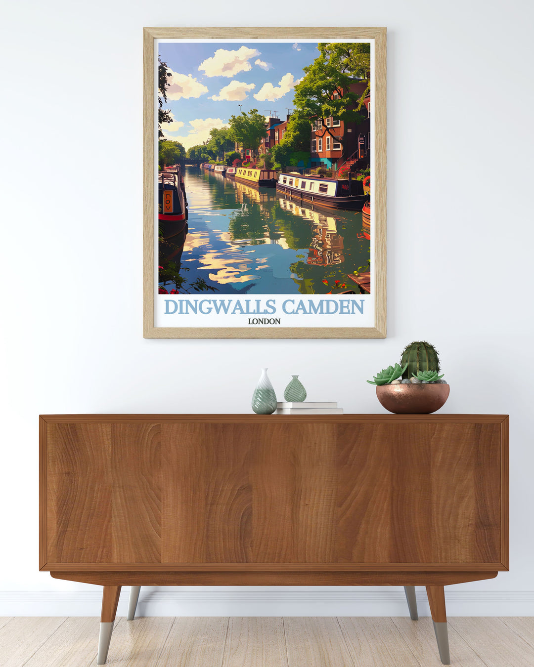 Regents Canal is beautifully illustrated in this travel poster, capturing its picturesque walkways and charming houseboats, perfect for enhancing your home decor.