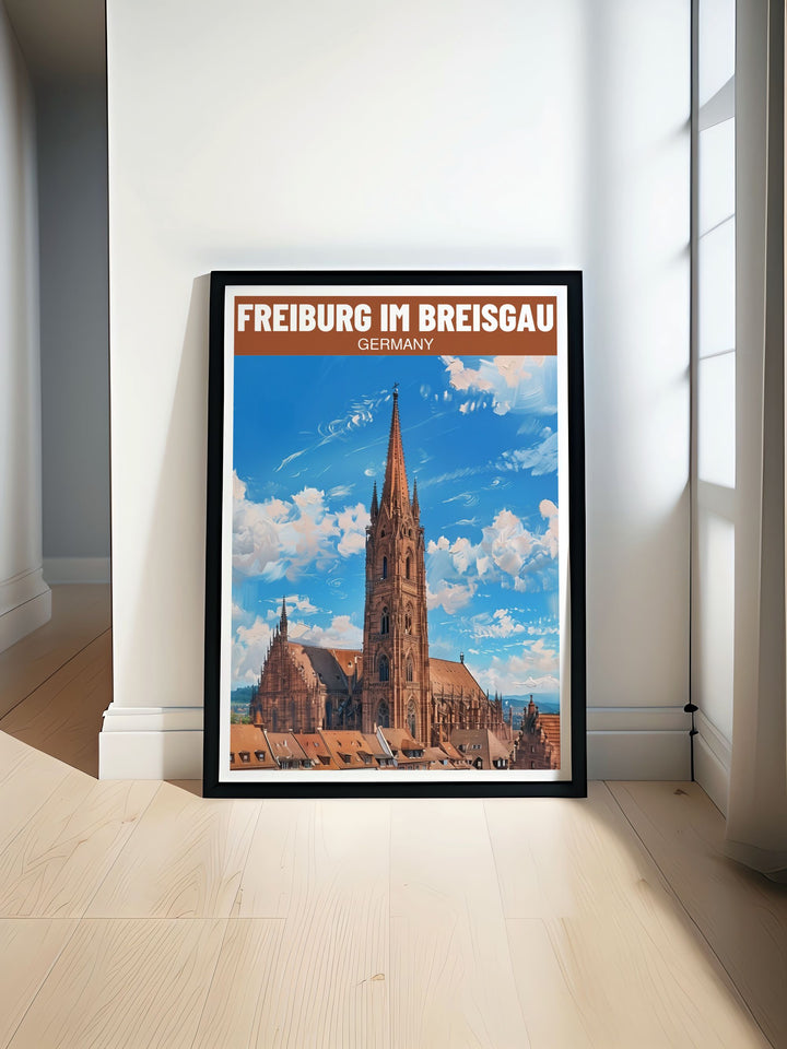 This Freiburg Minster artwork captures the stunning Gothic architecture of one of Germanys most iconic cathedrals perfect for adding a touch of elegance and history to your living room or any other space looking for classic German decor.