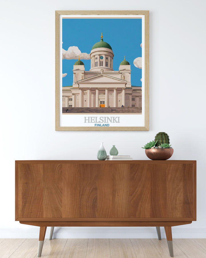 The Helsinki Cathedral, a symbol of Finlands rich history, is captured in this beautiful travel poster. Perfect for those who appreciate both Scandinavian design and European architecture, this canvas art adds a modern touch to any room.