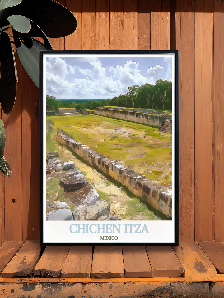 Capture the essence of Mexico with this stunning wall art print, featuring the intricate design and monumental scale of the Great Ball Court. The majestic Chichen Itza is beautifully illustrated in this travel poster, ideal for enhancing any room with historical charm.
