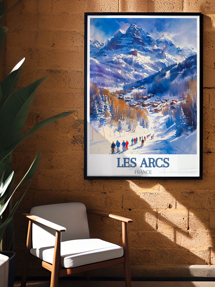 Vintage Ski Print of Paradiski ski area Mont Blanc highlighting Les Arcs and its picturesque slopes ideal for ski resort poster collections and snowboarding decor