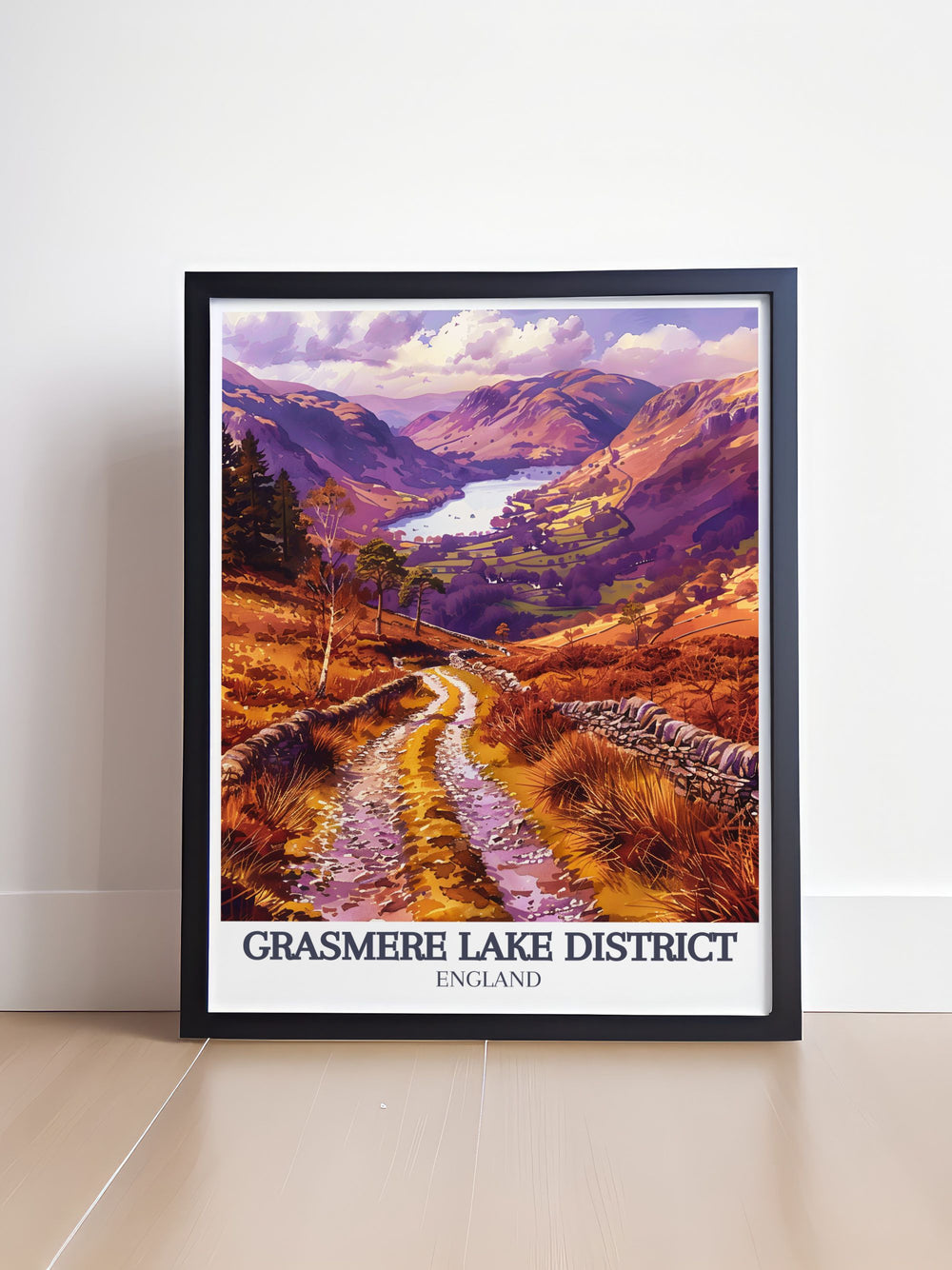 Capturing the picturesque scenery of Grasmere in the Lake District, this poster highlights the serene lake and the historic Coffin Route, ideal for any travel enthusiasts wall art collection.