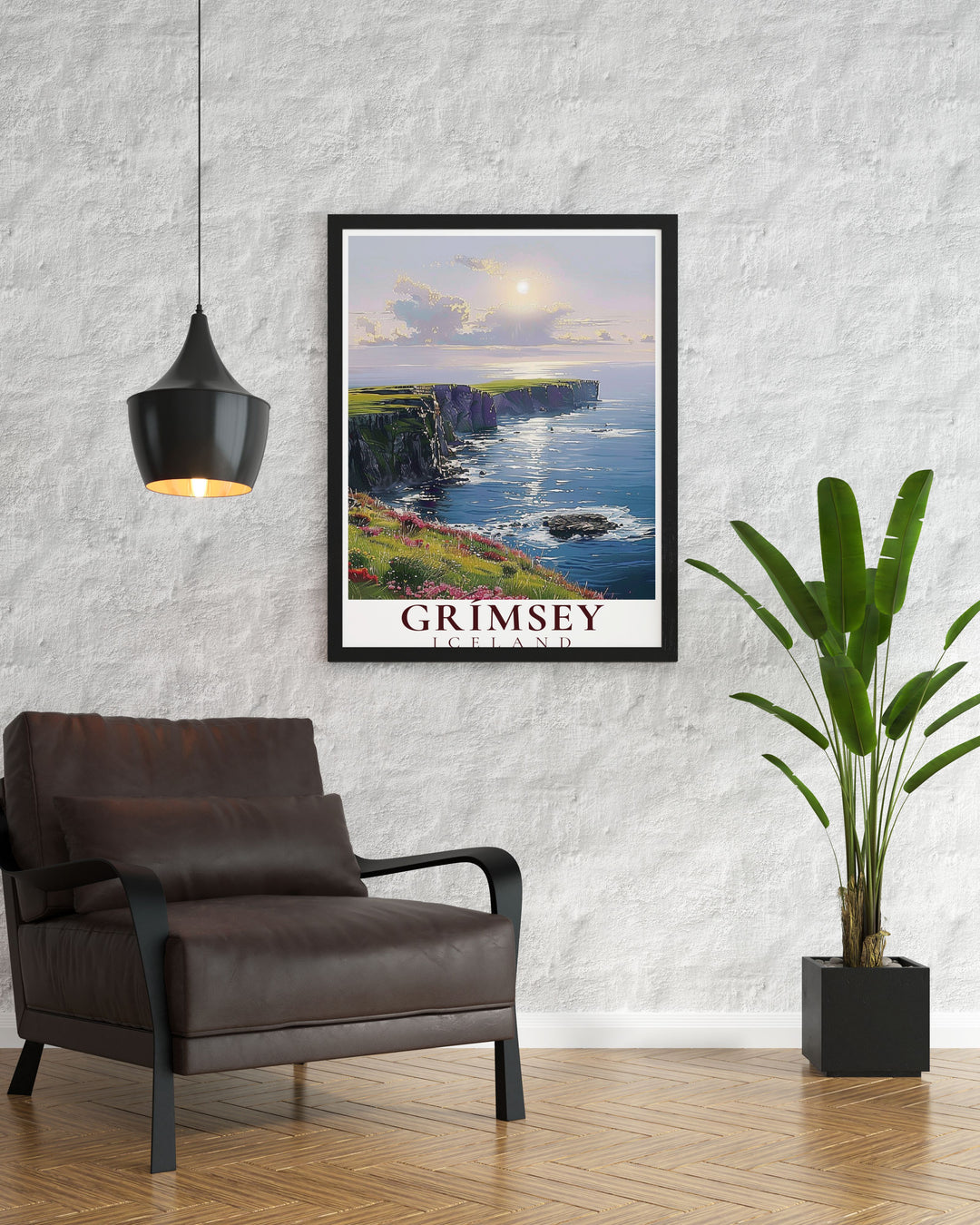 This vibrant depiction of Grimsey Island features the enchanting Northern Lights, dramatic cliffs, and historic lighthouse, making it a captivating piece for your home decor.