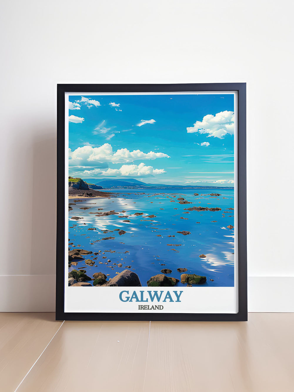 Highlighting the serene waters and stunning views of Galway Bay, this travel poster showcases the tranquil beauty of Irelands west coast. The scene includes peaceful shores and distant hills, ideal for those who appreciate the calming presence of natural landscapes.