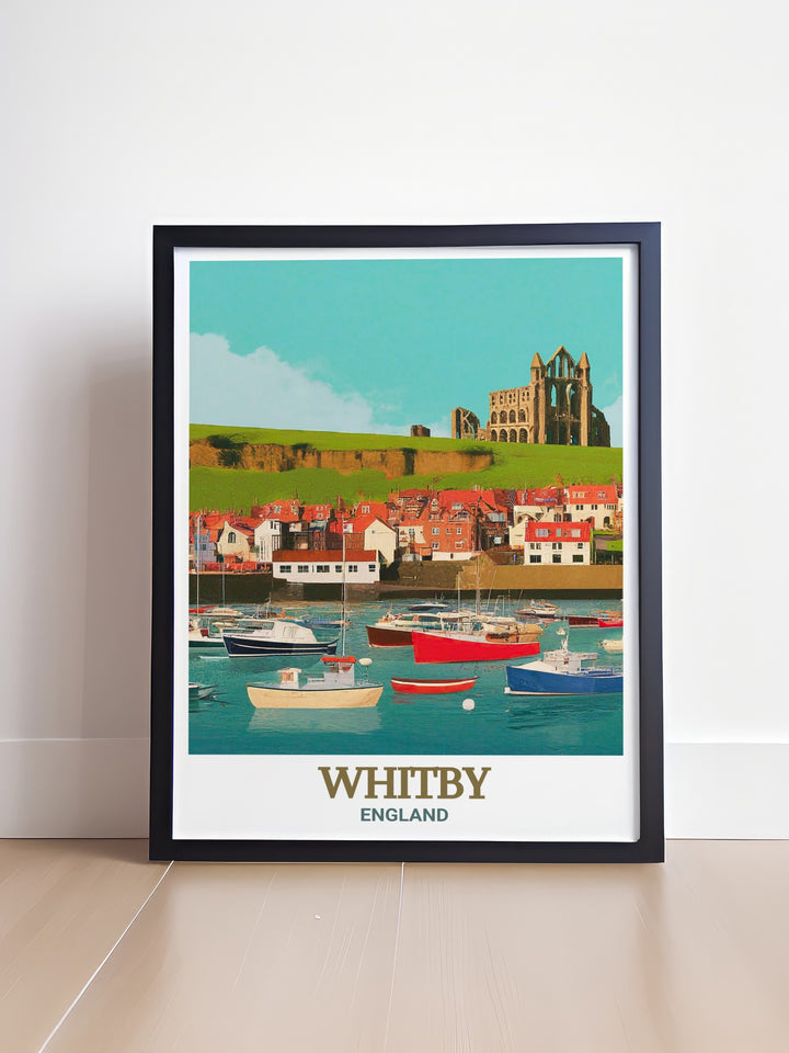 Whitby Abbey and Harbour poster art, blending the ancient ruins with the modern activity of the harbour. This print is ideal for those who appreciate the history and natural beauty of one of Yorkshires most famous landmarks.