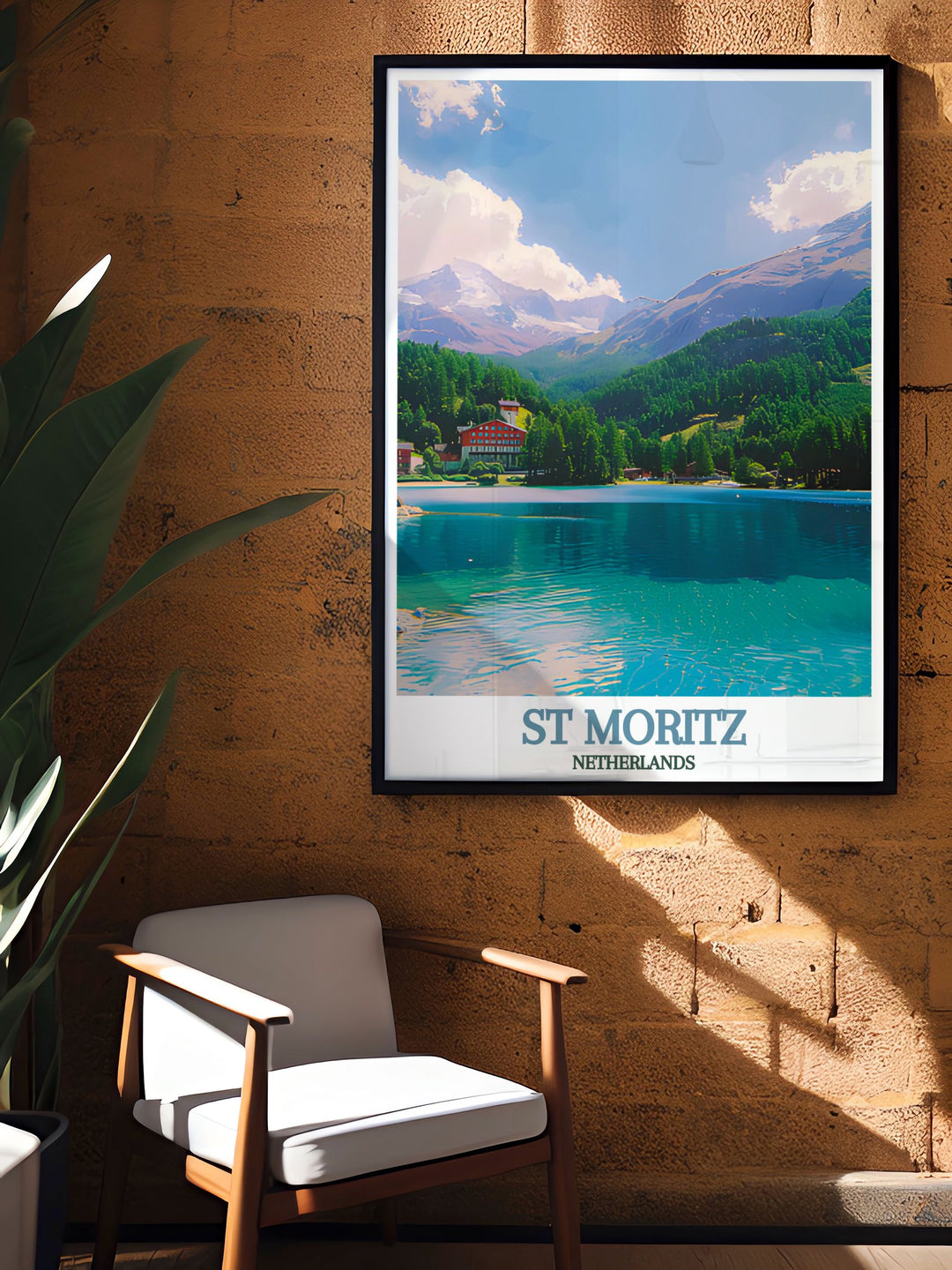 The elegant town of St Moritz and the stunning Lake St. Moritz are beautifully illustrated in this poster, celebrating the luxury and natural splendor of Switzerland.