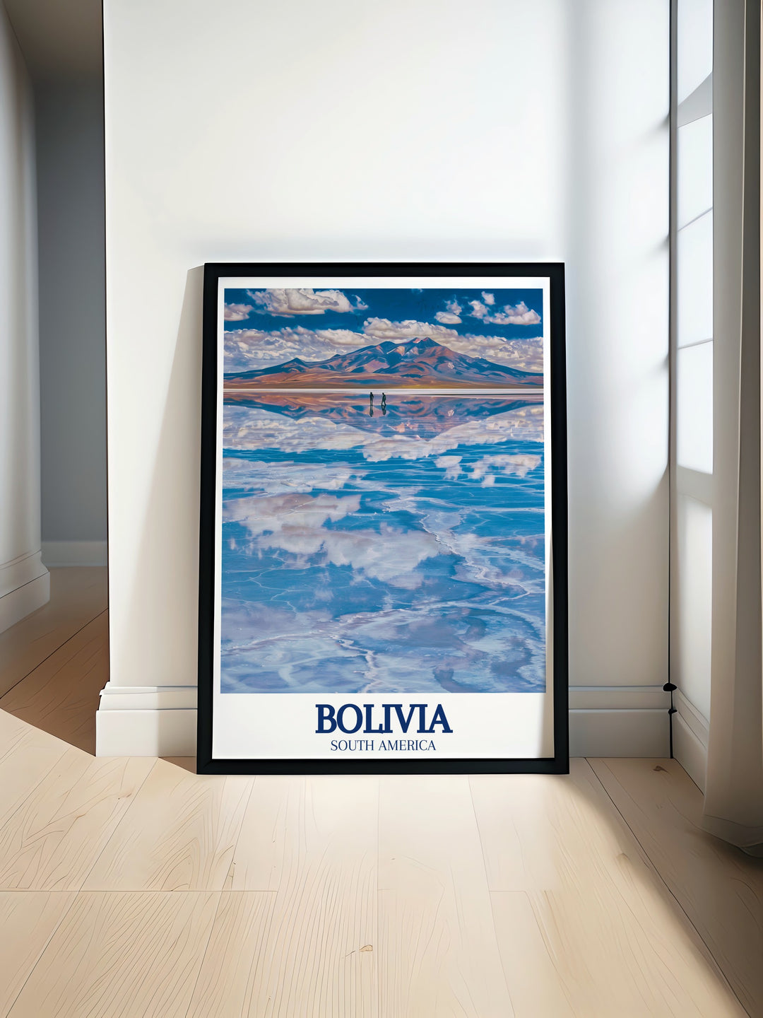 Bolivia art print featuring the breathtaking Uyuni Salt Flats with the Cordillera Real mountain range providing a stunning backdrop ideal for adding a touch of natural beauty to your home decor