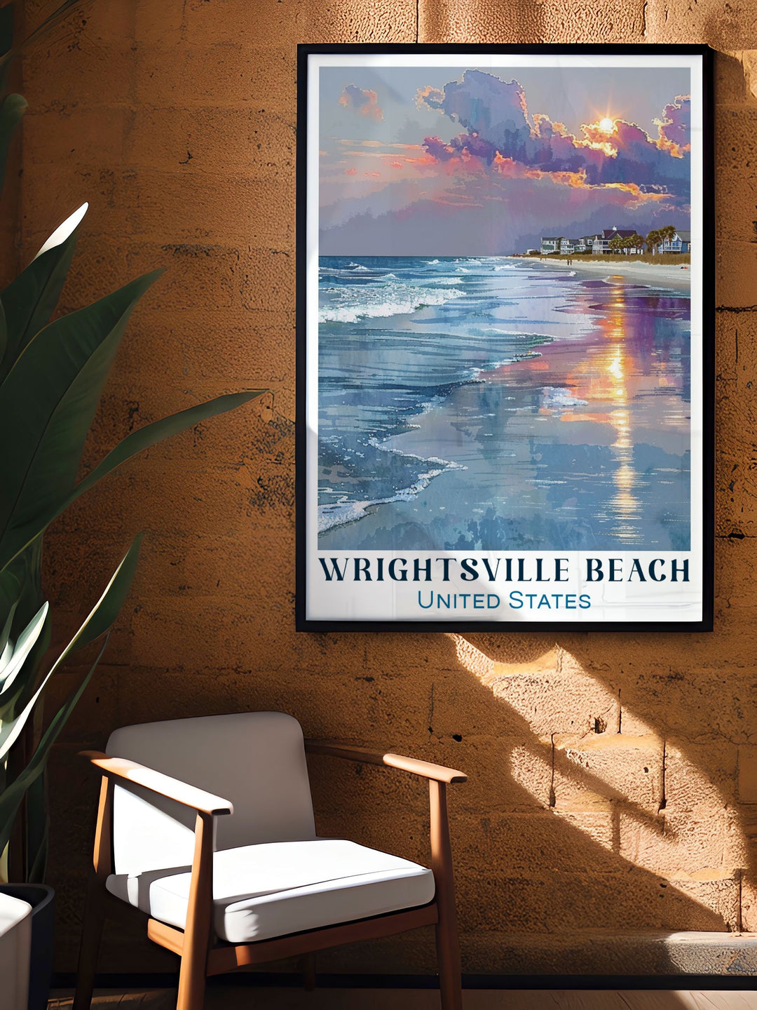 Framed art featuring Wrightsville Beach, capturing the beachs stunning landscapes and vibrant community. Ideal for adding a sense of coastal charm and natural beauty to your living space, celebrating North Carolinas iconic beach destination.