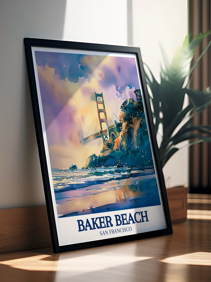 Baker Beach Custom Print featuring the golden sands, ocean views, and iconic structures of San Franciscos Baker Beach. The artwork brings out the best of Californias coastal beauty, making it an excellent choice for those who appreciate the serenity and charm of beach landscapes