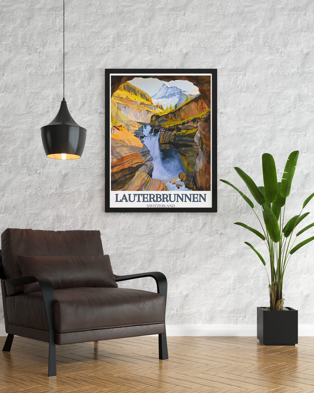 Swiss travel print showcasing Trummelbach Falls and Jungfrau Mountain an ideal choice for those who love Swiss waterfall art and want to bring the charm of Lauterbrunnen into their living space