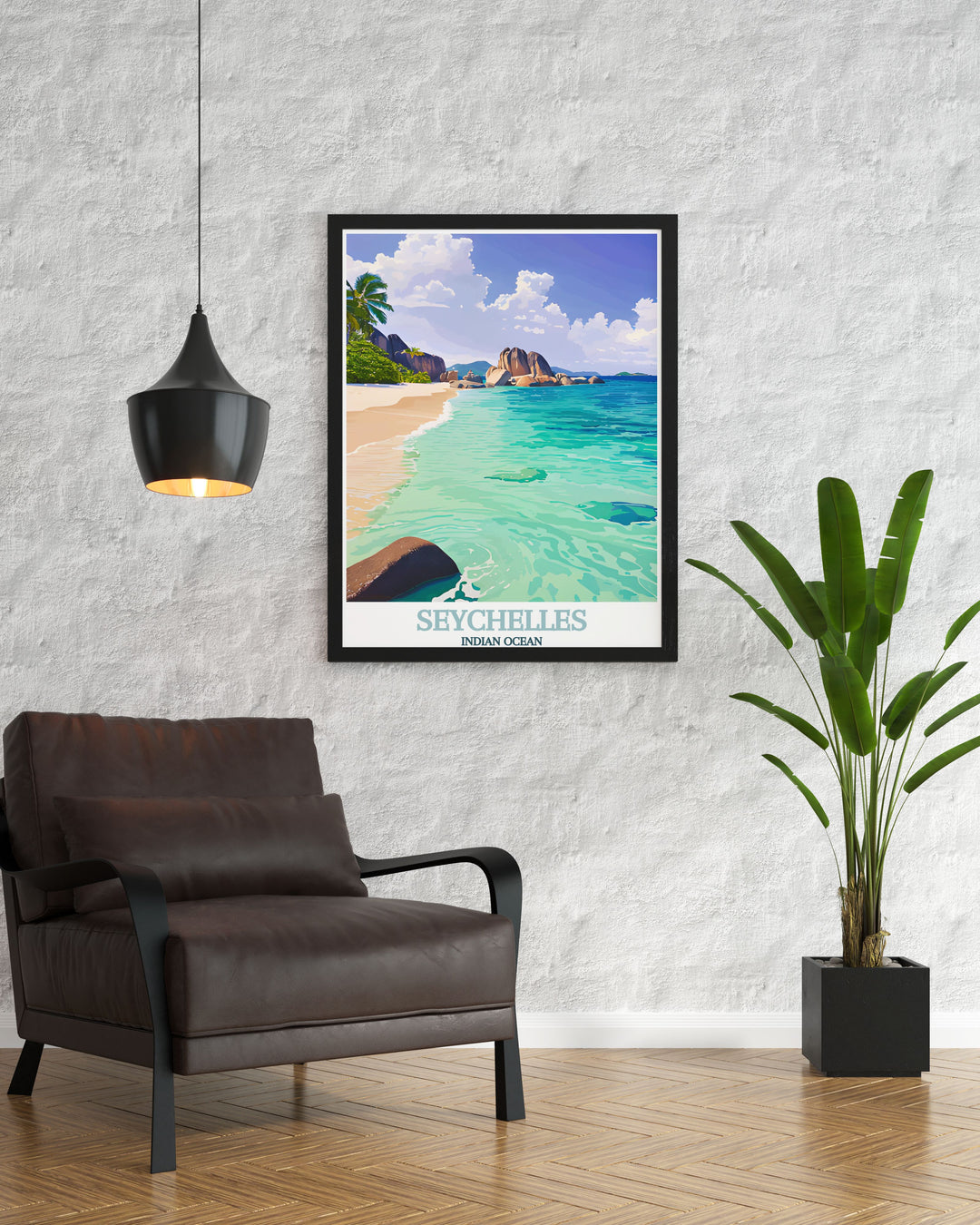 This vintage inspired poster of Anse Source dArgent in Seychelles captures the breathtaking beauty of its granite boulders and pristine beach, ideal for adding a touch of paradise to any space.
