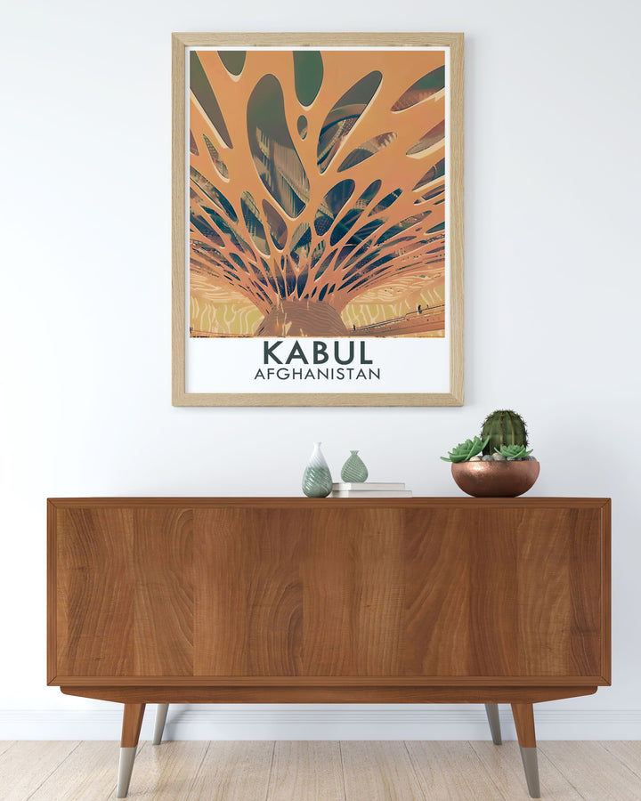 This colorful art print of the Kabul National Museum depicts the extensive collection of historical artifacts housed within. The artwork highlights the museums role in preserving Afghanistans rich heritage.