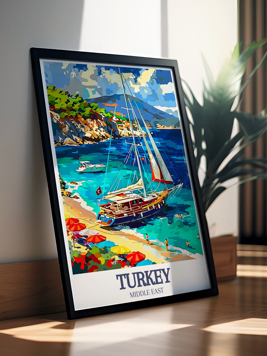 Celebrate Turkeys Turquoise Coast with this framed art of a Turkish Gulet sailboat. The tranquil blues and minimalist design offer a striking yet peaceful addition to your wall, ideal for lovers of nautical scenes and Turkish culture.