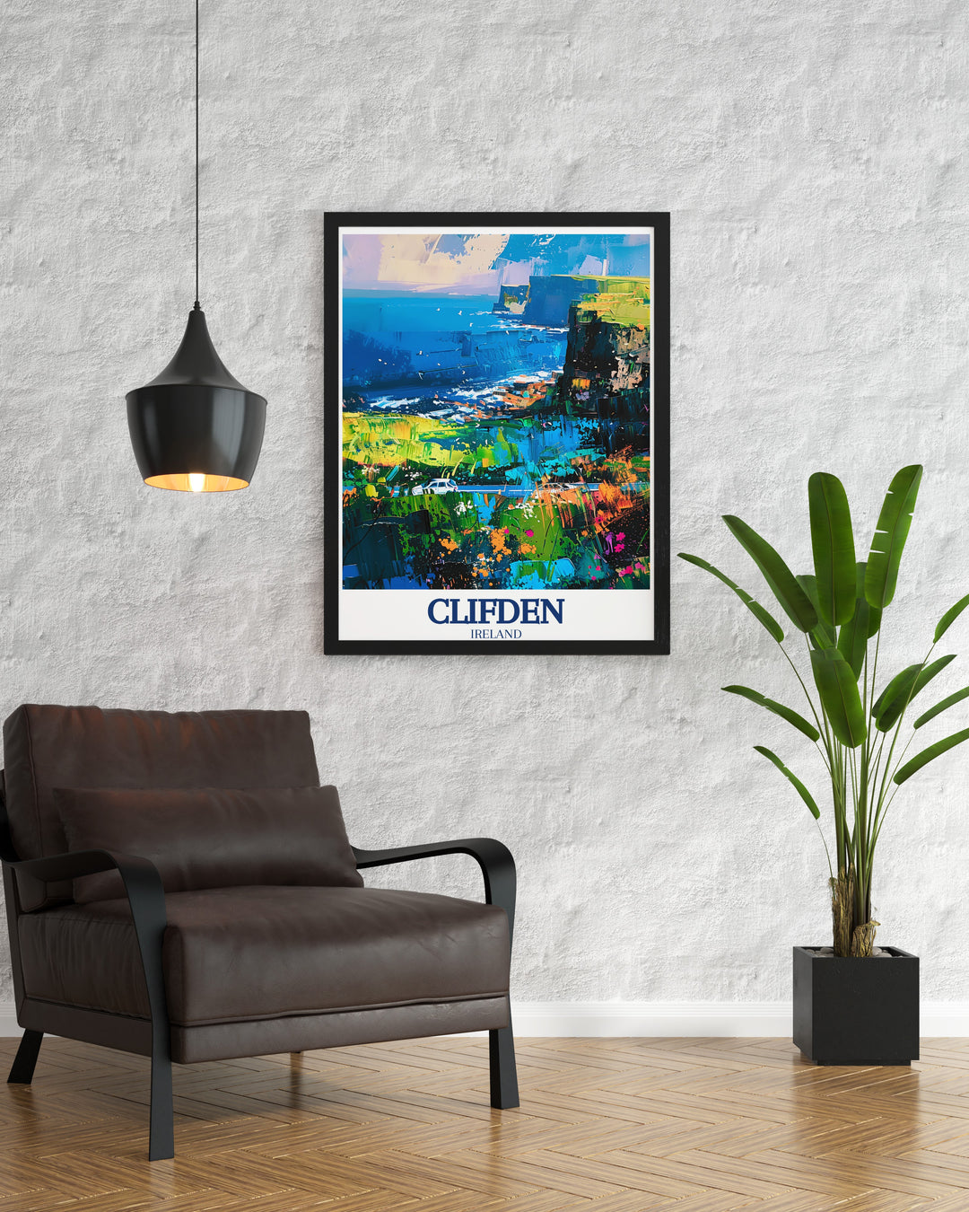 Travel print of Clifden Bay, Ireland, focusing on the natural beauty of the Wild Atlantic Way and the town of Clifden. This piece adds a sense of adventure and serenity to your home decor.