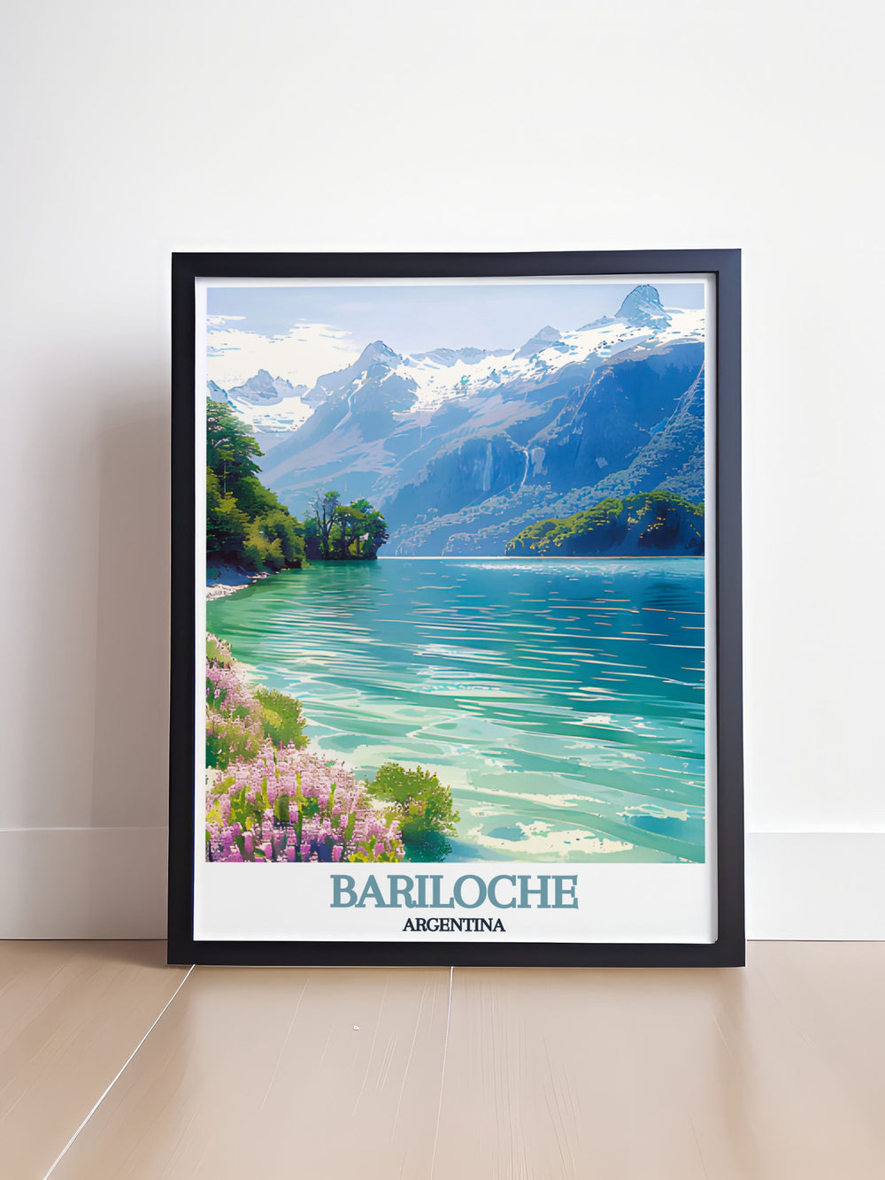 Beautiful Argentina print showcasing San Carlos de Bariloches Nahuel Huapi Lake, highlighting its crystal clear waters and the majestic Andes. Ideal for those who love travel art and adding a scenic touch to their living space.