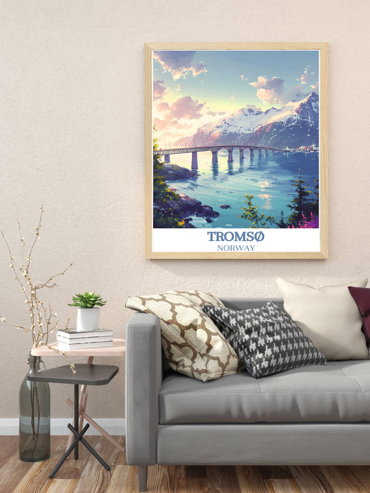 Scenic artwork of Tromsø Bridge highlighting the adventurous spirit of Tromsø, inviting viewers to explore the Arctic wilderness and embark on unforgettable journeys.