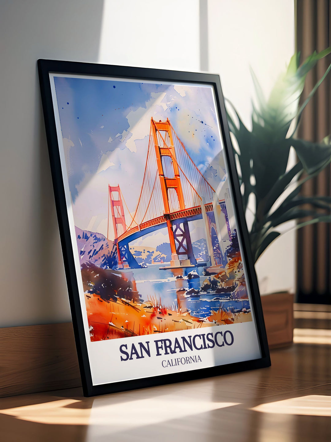 This detailed travel print of the Golden Gate Bridge offers a stunning view of San Franciscos most famous landmark, with Alcatraz Island just beyond the bay. Perfect for adding a touch of the Bay Areas magic to your home or office space.