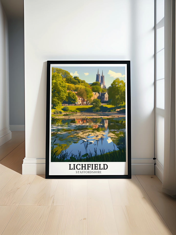 This travel poster of Lichfield captures the serene beauty of Beacon Park and Minster Pool, showcasing the towns connection to both nature and history. The artwork offers a calming presence, making it a perfect addition to any living room or office décor.