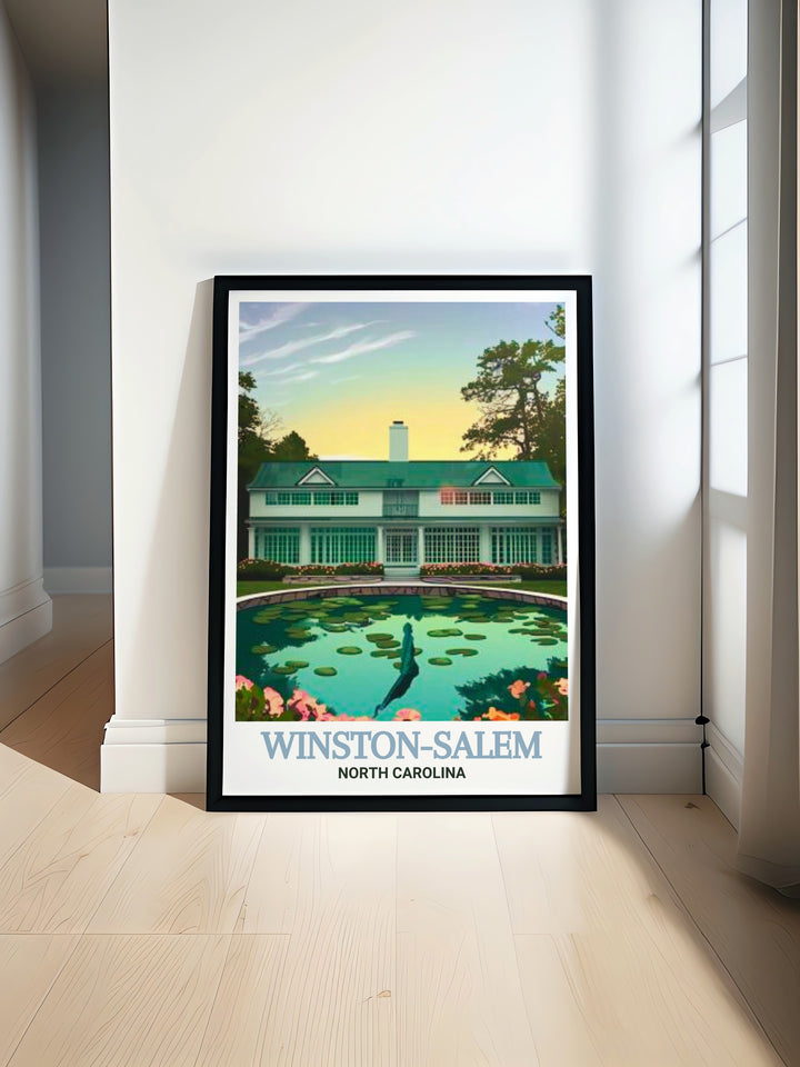 Travel print of Winston Salem highlighting Reynolda House Museum of American Art. This vibrant artwork is ideal for those who love cultural sites and urban decor, bringing the beauty of the landmark into your home.