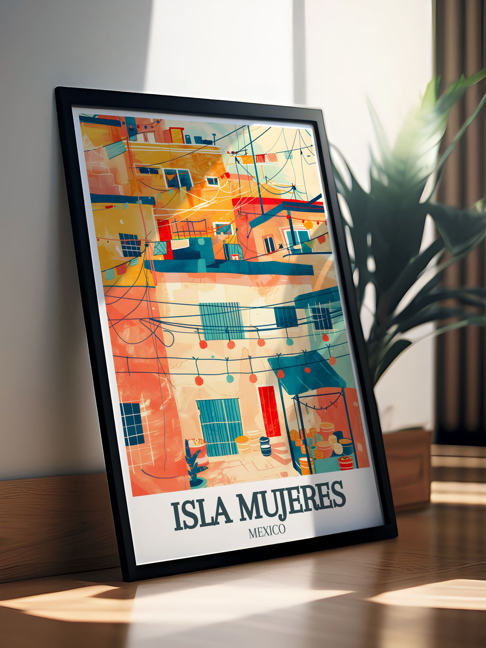 Stunning Isla Mujeres art print depicting the iconic streets of Centro, Avenida Rueda Medina perfect for adding sophistication and urban charm to your home decor collection.