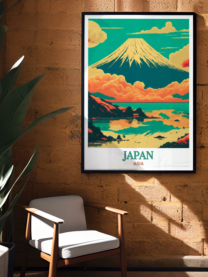 The iconic Mount Fuji is beautifully captured in this travel print, highlighting its serene and peaceful presence. A must have for Japan enthusiasts, this poster adds a touch of natural beauty and calm to any space. Perfect for home decor or as a unique gift for nature lovers.