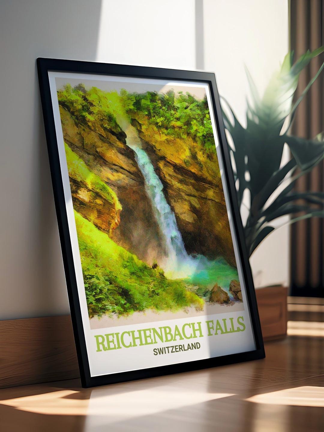 This elegant Reichenbach Falls travel print features the stunning Swiss waterfall set against the scenic greenery of the Alps. Its the perfect wall decor for travel lovers, Swiss enthusiasts, or anyone seeking to bring a touch of nature into their home.