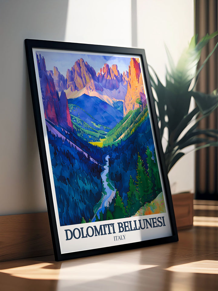 National Park print of the Dolomite range in Italy highlighting the dramatic rock formations and natural splendor of this UNESCO World Heritage site perfect for nature enthusiasts.