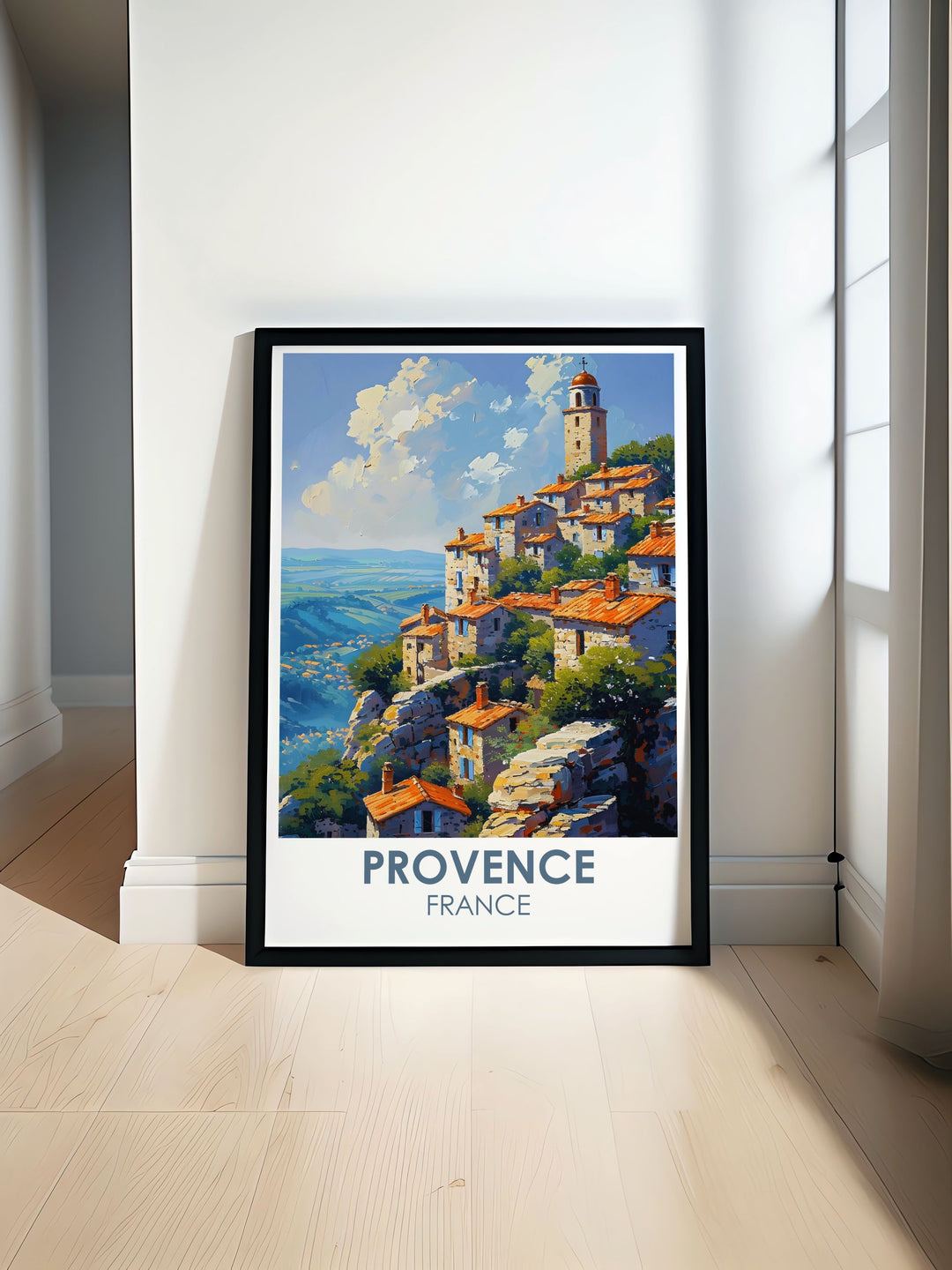Discover the timeless charm of Gordes with this travel poster, showcasing the picturesque stone buildings cascading down the hillside in the heart of Provence.