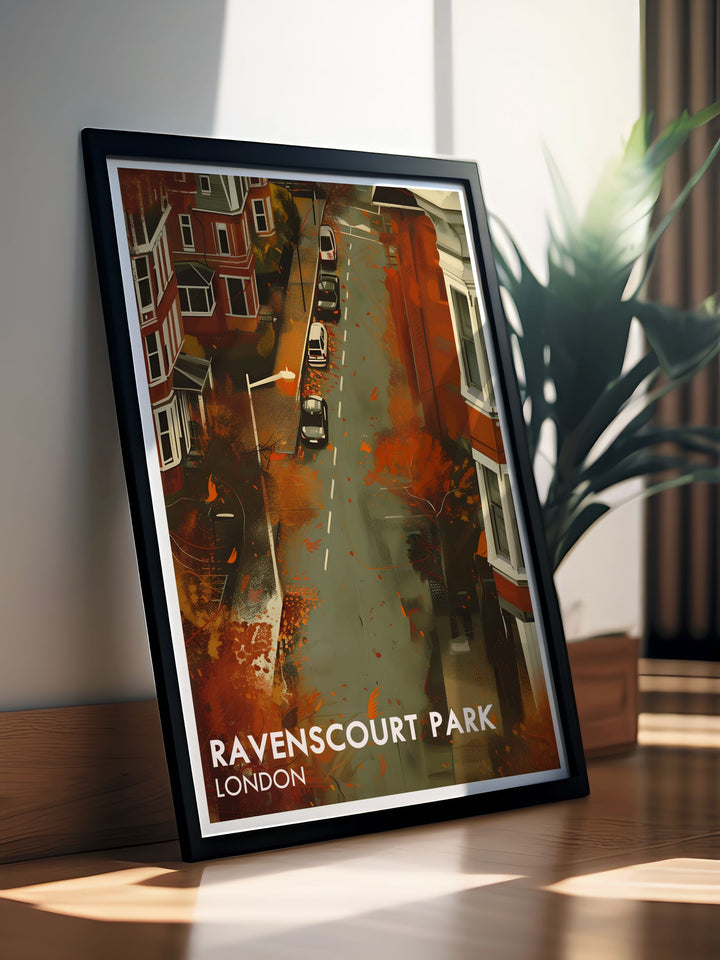 Vintage Travel Print of Ravenscourt Park Residentials showcasing the tranquil park setting and iconic London Baobab Tree. Ideal for home decor, this print blends historical charm with natural beauty, creating a captivating scene for any living space.