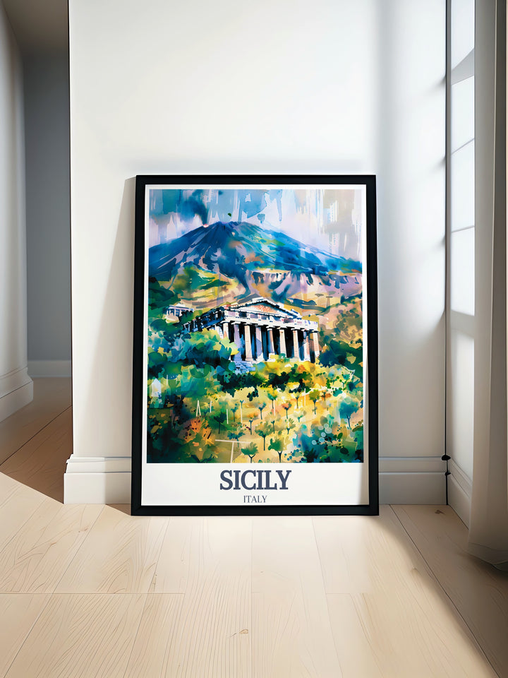 This vibrant Sicily poster highlights the stunning Valley of the Temples with the active Mount Etna in the background. Its a perfect blend of history and nature, bringing a touch of the Mediterranean into your home or as a unique gift for travel lovers.