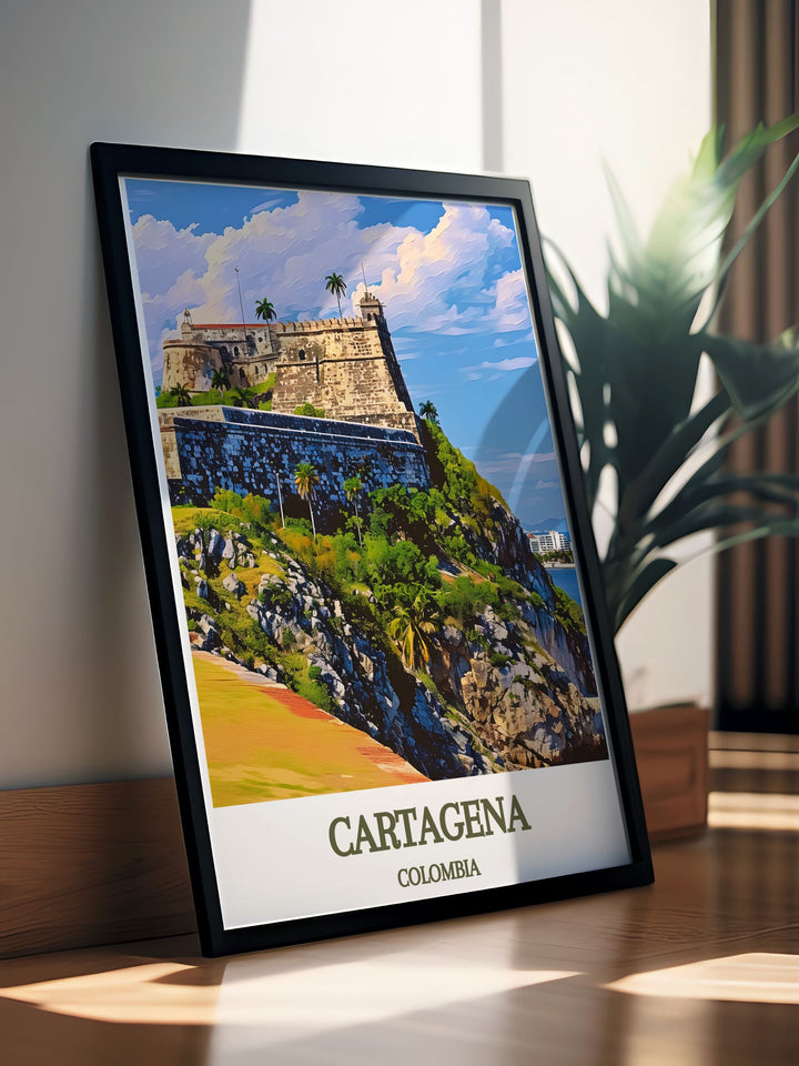 Highlighting the scenic beauty of Cartagenas historic district, this travel poster captures the citys colonial splendor and vibrant atmosphere. Perfect for cultural explorers and history lovers, this print adds a touch of Colombian elegance to any room.