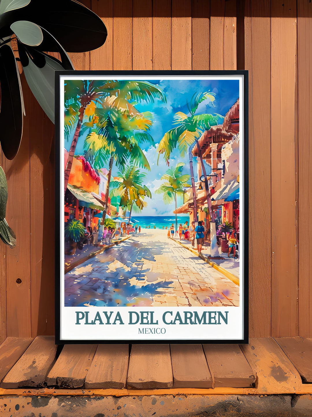 Vibrant Playa Carmen print featuring La Quinta Avenida and the Caribbean Sea perfect for adding a pop of color and tropical charm to your decor ideal for travel enthusiasts and those who appreciate Mexican culture.
