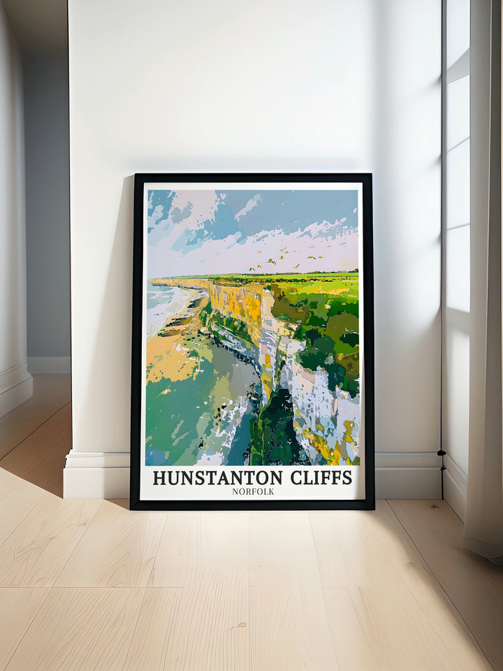 North Sea travel print featuring the serene beauty of the sea as it stretches along the shores of Hunstanton. This artwork captures the quiet moments of the seaside, perfect for anyone looking to bring a touch of the coast into their home.