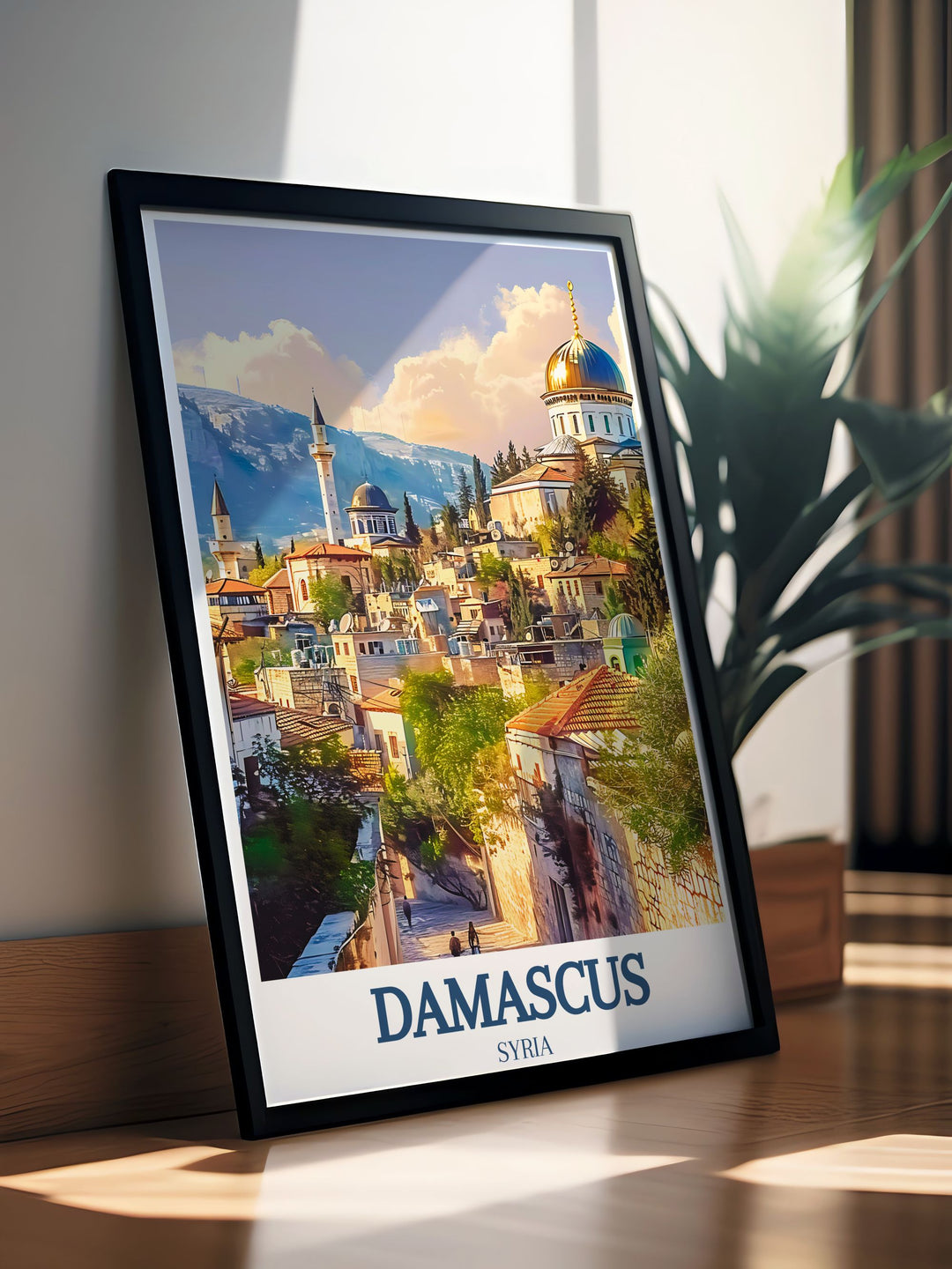 Travel poster featuring the lively Christian Quarter in Damascus, highlighting the ancient streets and vibrant atmosphere of this historic neighborhood.