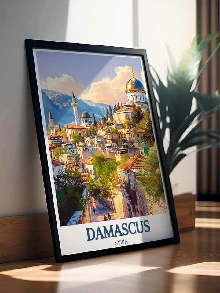 This Damascus skyline poster print captures the stunning view of the Old City and Christian Quarter, showcasing the rich history and cultural heritage of one of the worlds oldest cities. Ideal for home décor or as a thoughtful gift, this artwork celebrates Syrias timeless beauty.